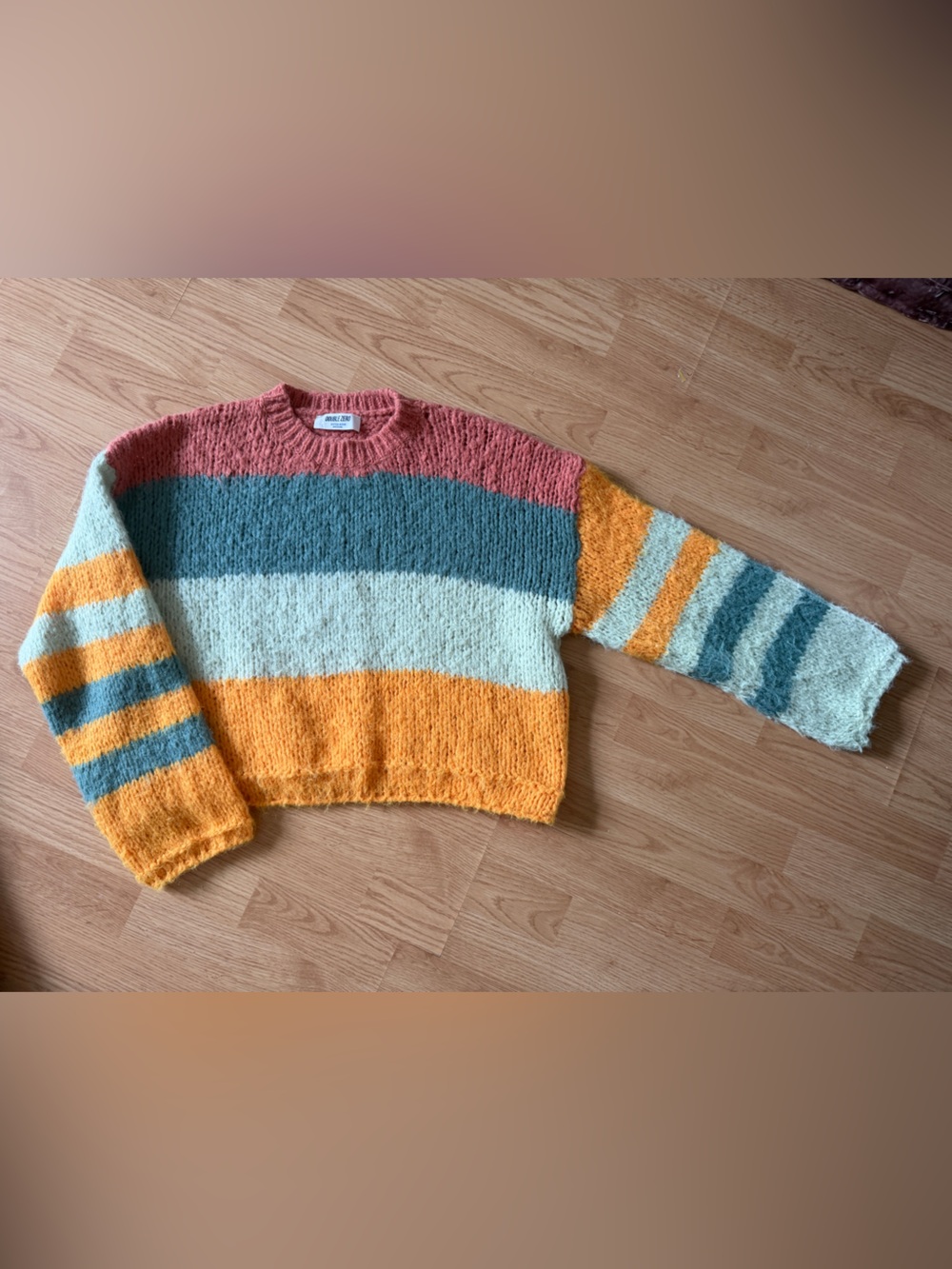 Double Zero Striped Crewneck Sweater in Rust, Teal, Cream & Mustard